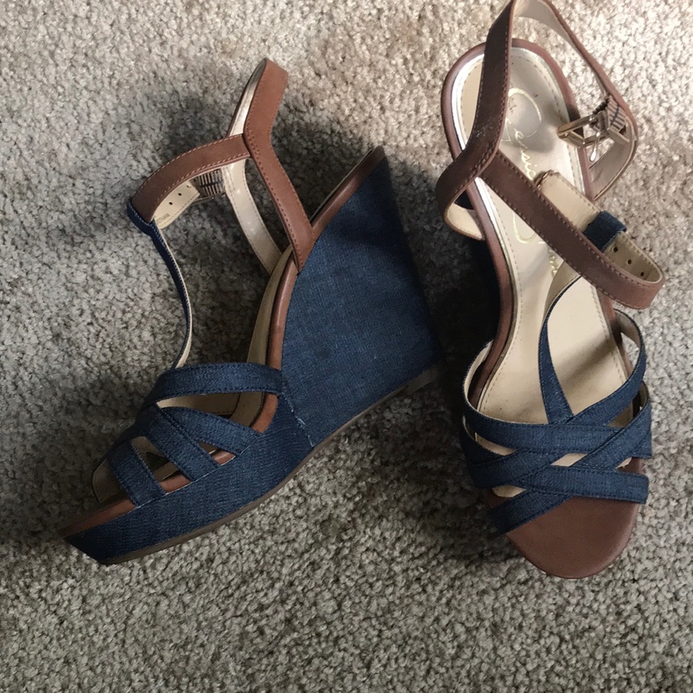 Blue denim shoes with brown vegan leather